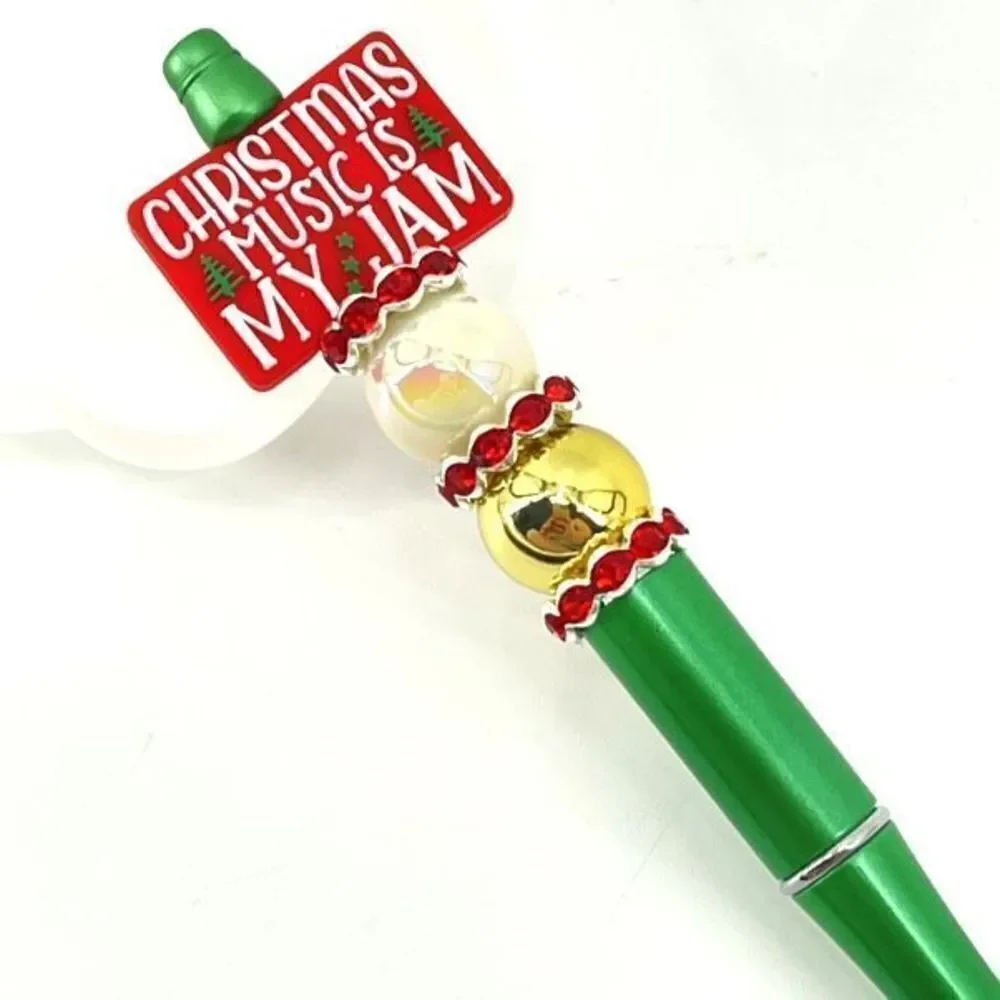Christmas music is my jam handmade pen NEW beads rhinestone bling red white gree